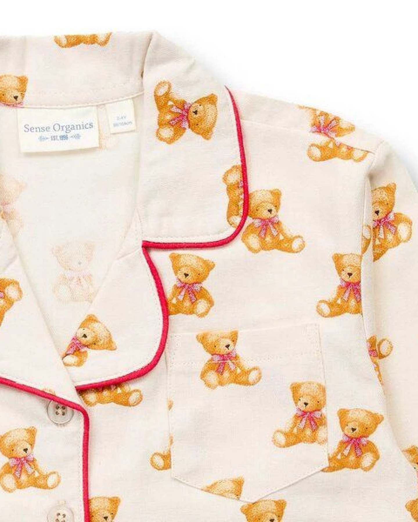 sense-organics Kinder Flanell Schlafanzug mit Teddy-Druck auf Naturbeige – Ansicht 3