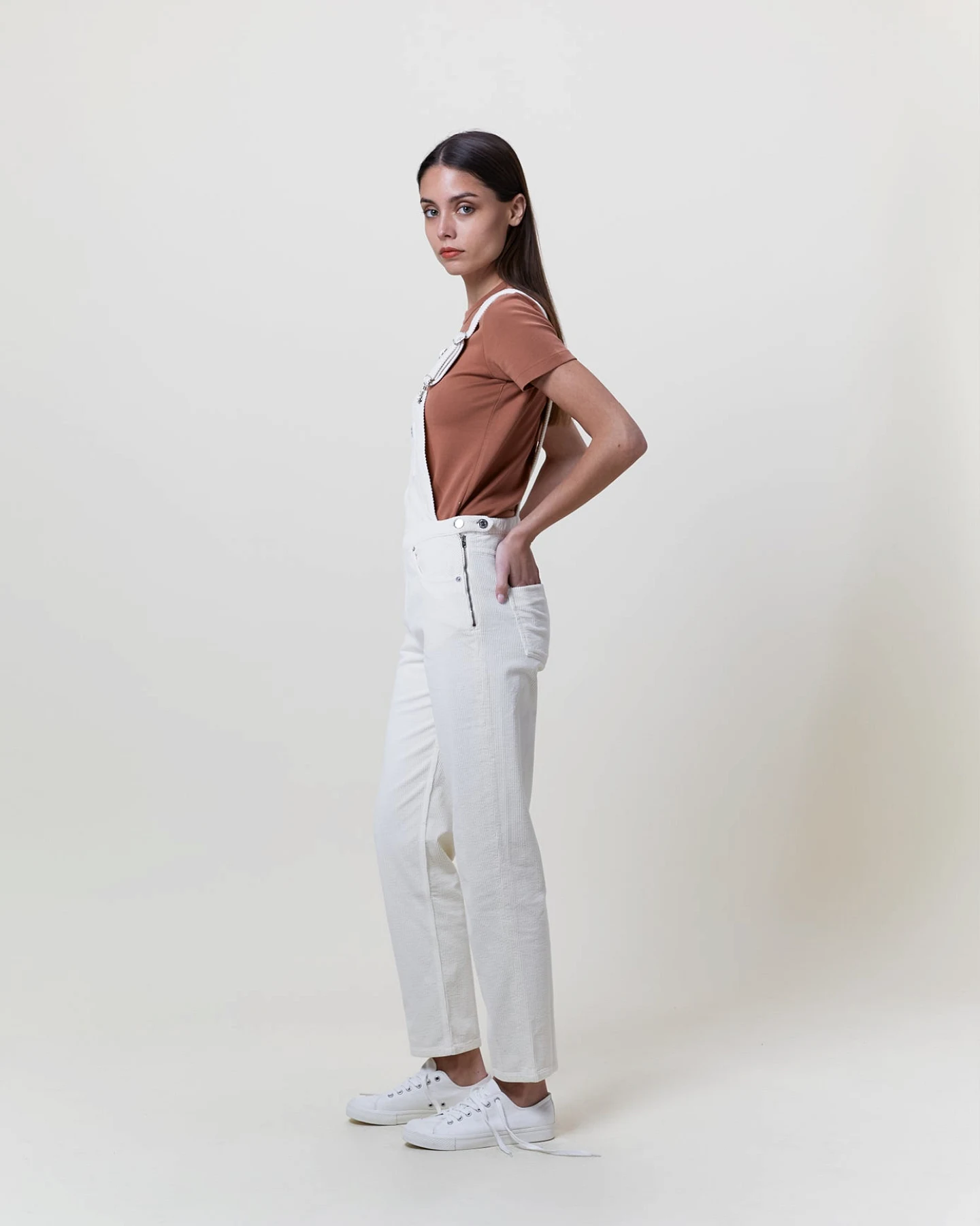 Côtelé Damen vegan Latzhose Aus Cord Modell Mom Ecru – Ansicht 2