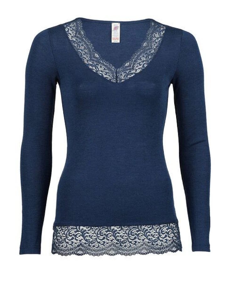 Engel Natur Damen-Shirt langarm mit Spitze Schurwolle Seide