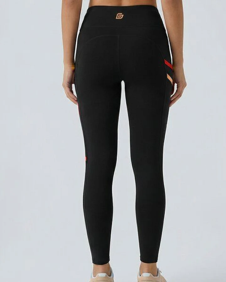 KiiGO Damen Lauf-Leggings aus Biobaumwolle und Roica Elasthan - Schwarz/Rot-Peach