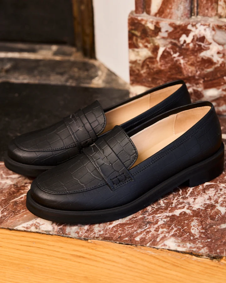 Minuit Sur Terre Damen vegan Loafer Accord Schwarz Kroko