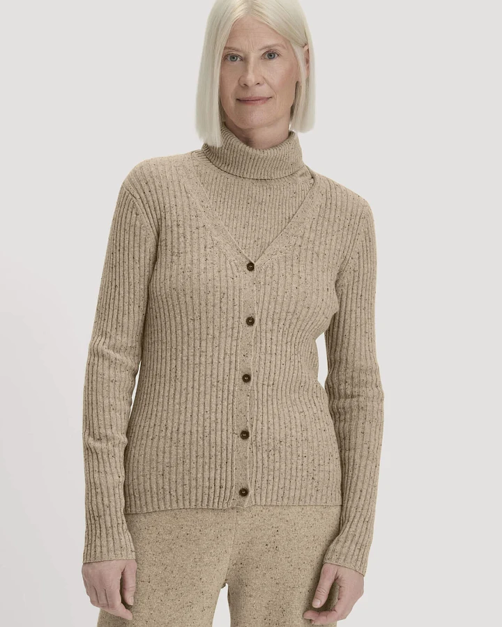 hessnatur Damen Strickjacke Slim aus Bio-Baumwolle und recycelter Wolle - beige - Größe L