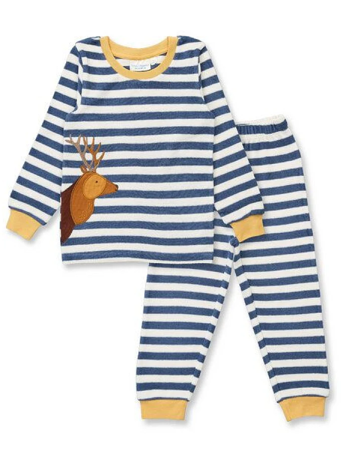 Sense Organics Kinder Schlafanzug geringelt mit Hirsch-Motiv, Modell LONG JOHN TERRY