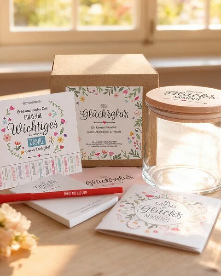 Ideenverlag Hamburg Gedankenglas® Glücksmomente-Set mit Holzdeckel, Notizblock, Stift & Buch