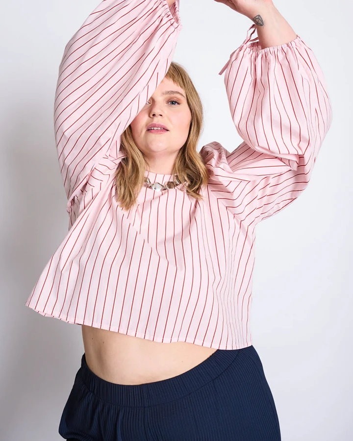 JAN N JUNE Damen vegan Bluse Mit Puffärmeln Und Noppen Hellrosa Gestreift