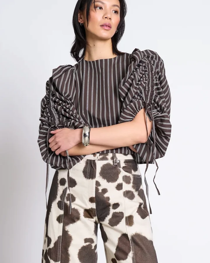 JAN N JUNE Damen vegan Bluse Mit Puffärmeln Nibs Schlammfarben Gestreift