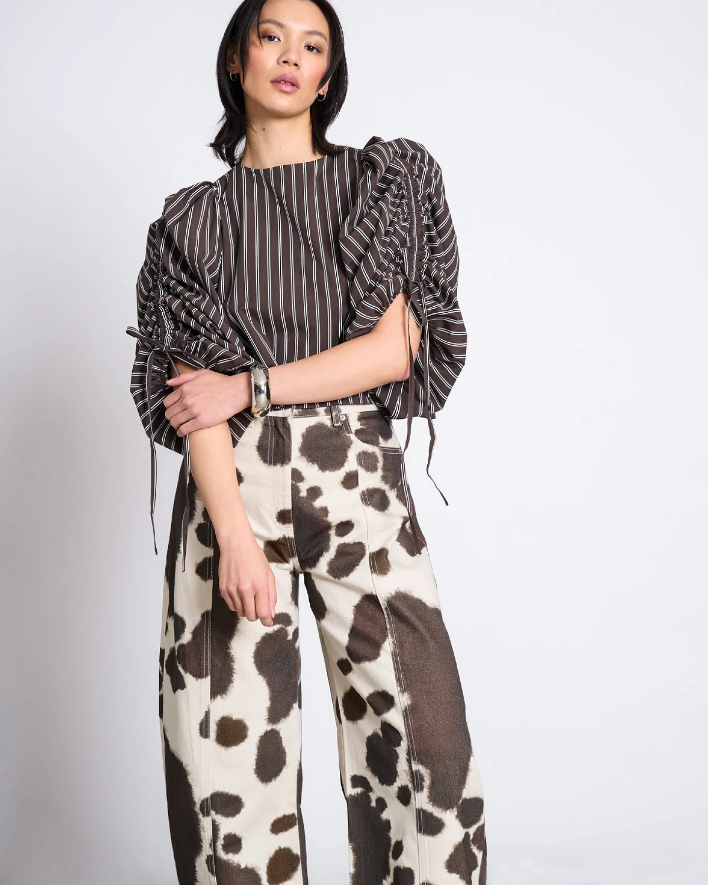 JAN N JUNE Damen vegan Bluse Mit Puffärmeln Nibs Schlammfarben Gestreift – Ansicht 2
