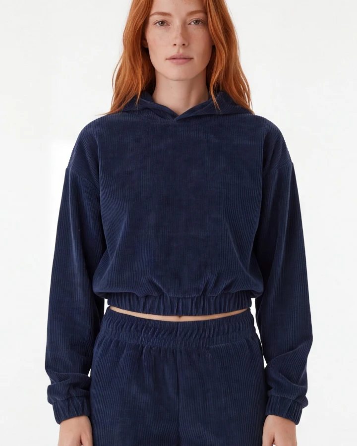ORGANICATION Damen vegan Kurzer Hoodie Aus Cord Harriet In Marineblau