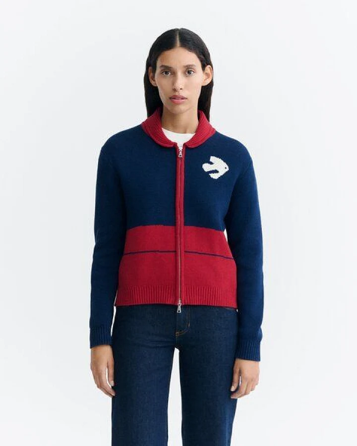 thinking mu Strickjacke mit Reißverschluss und Retromotiv