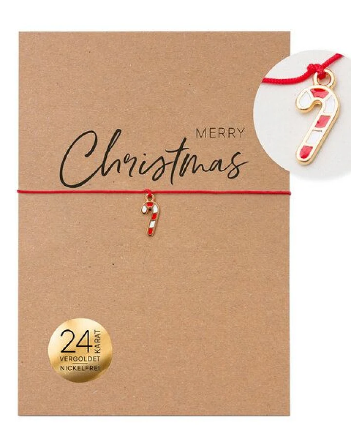 Bow & Hummingbird Weihnachtsarmband Zuckerstange 24K vergoldet „Merry Christmas“ – rotes Makramee Armband, kleines Weihnachtsgeschenk