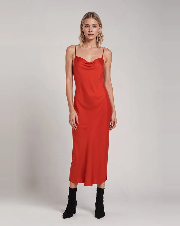 Neu Nomads Damen vegan Kleid Midi Rundhalsausschnitt Rot