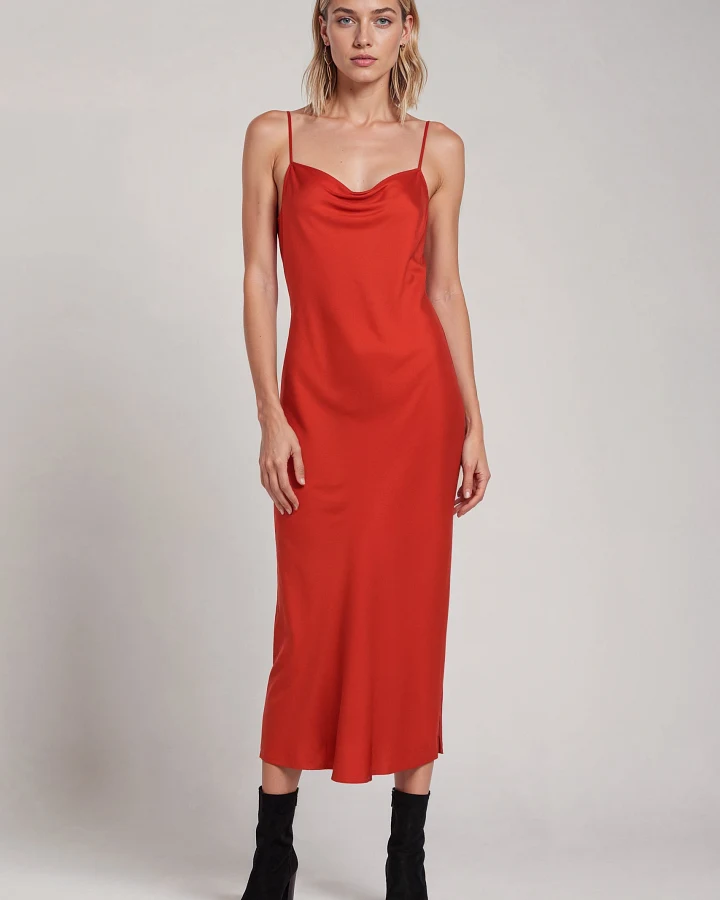 Neu Nomads Damen vegan Kleid Midi Rundhalsausschnitt Rot