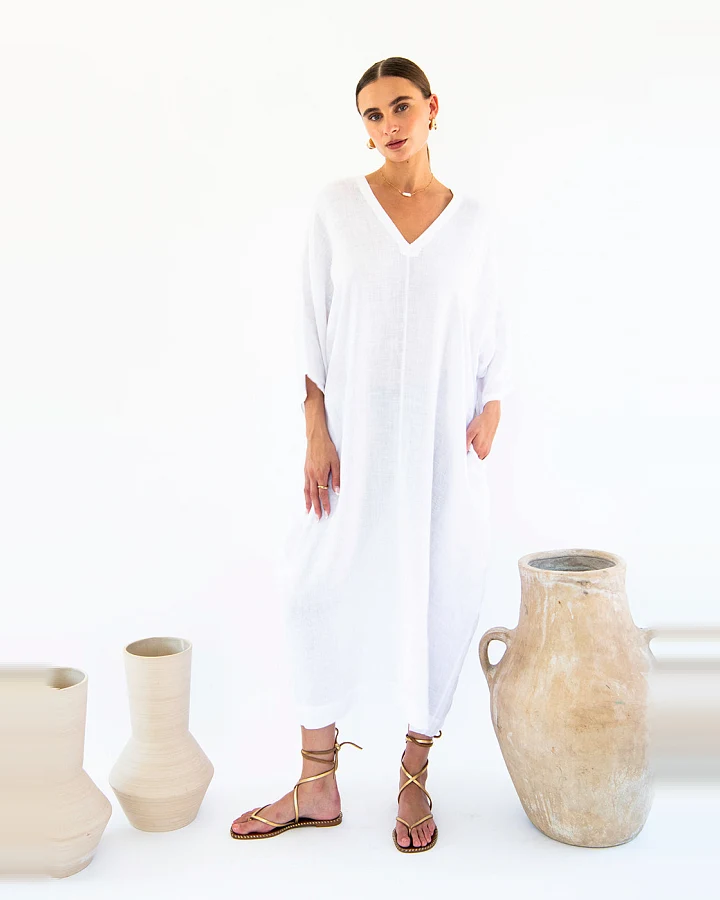 Neu Nomads Damen vegan Kleid Kaftan Isla Weiß