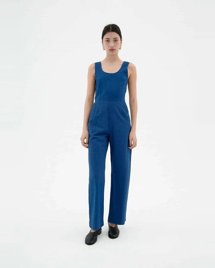 Thinking MU Damen vegan Jumpsuit Seersucker Rafelesia Kobaltblau