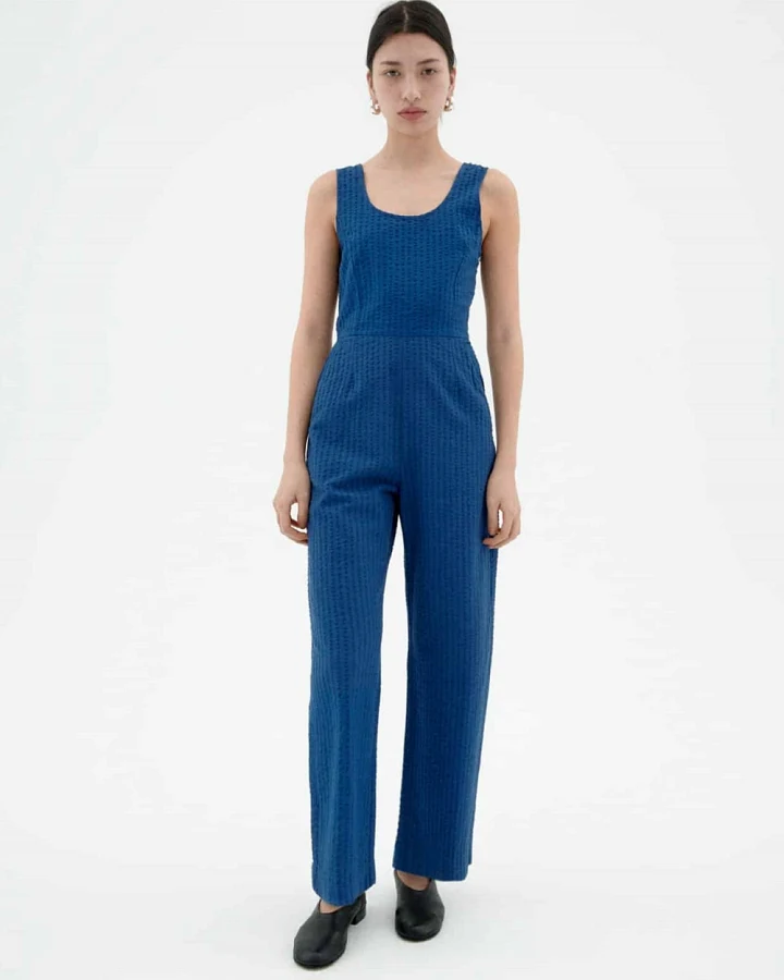 Thinking MU Damen vegan Jumpsuit Seersucker Rafelesia Kobaltblau