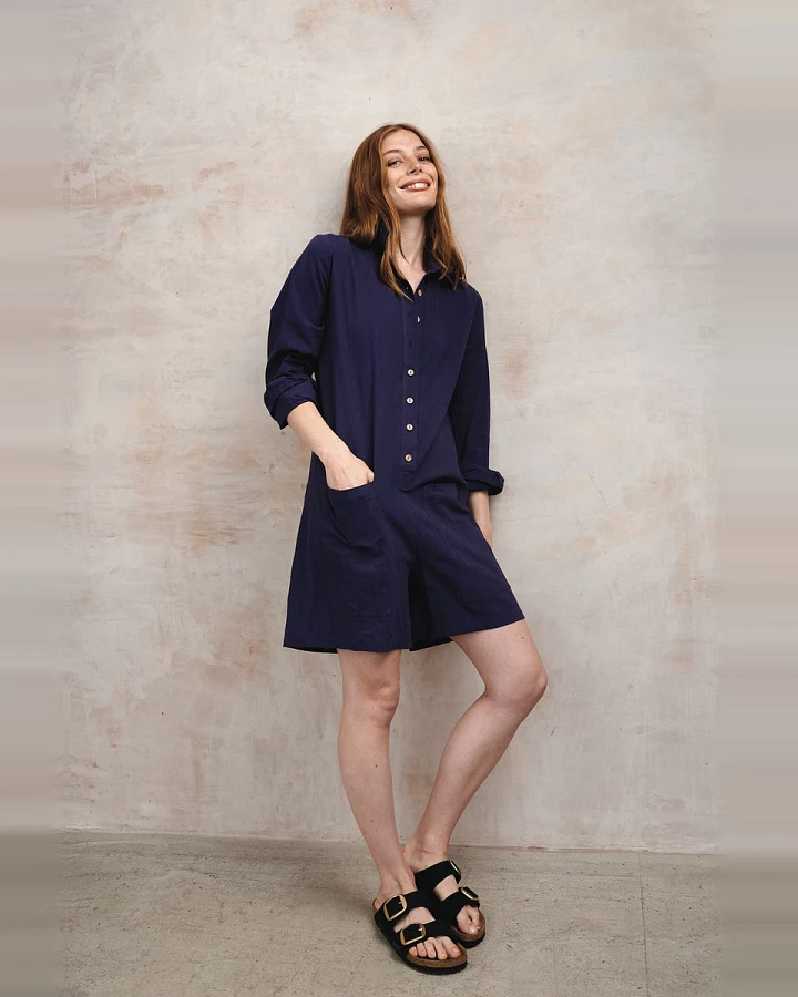 KOMODO Damen vegan Playsuit Musselin Langarm Tiff Navy