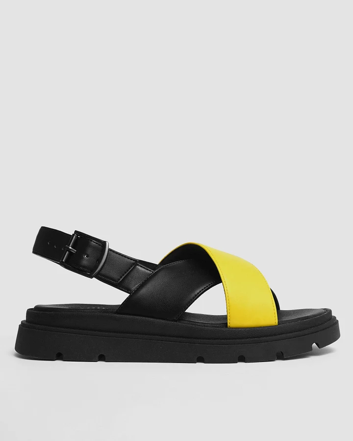 BOHEMA Damen vegan Sandalen Glare Lemon Schwarz/Gelb