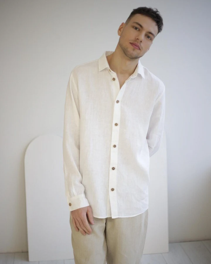Amber Linen Herren vegan Hemd Havanna Weiß