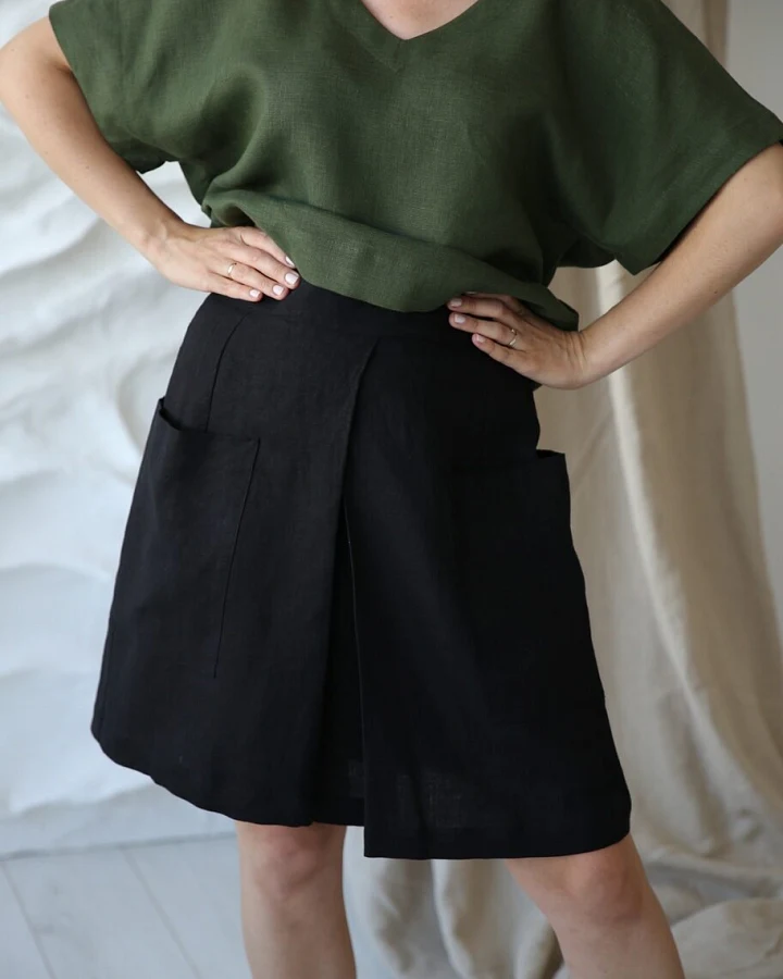 Amber Linen Damen vegan Wickelrock Schwarz