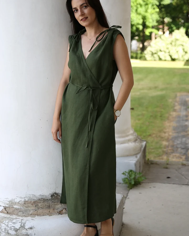 Amber Linen Damen vegan Wickelkleid Dubai Waldgrün
