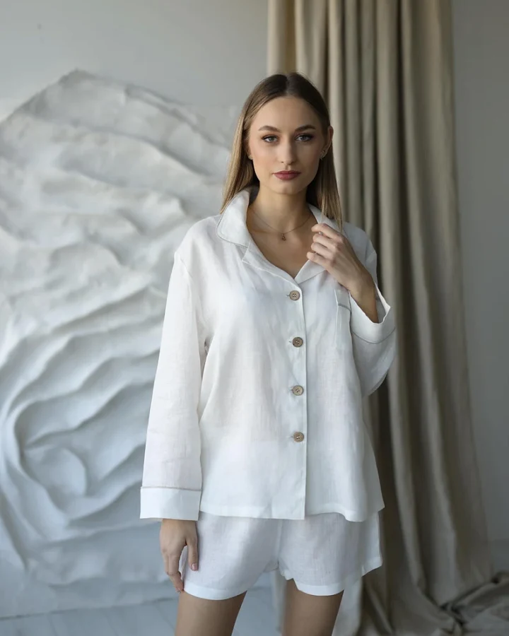 Amber Linen Damen vegan Pyjama Set Mit Shorts Serene White