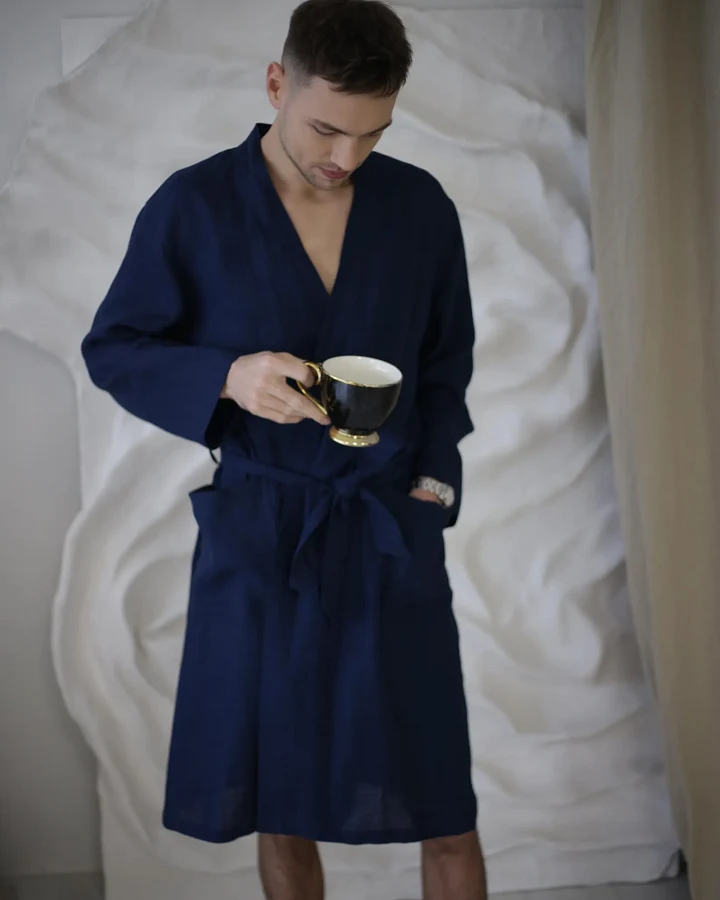 Amber Linen Herren vegan Bademantel Marineblau