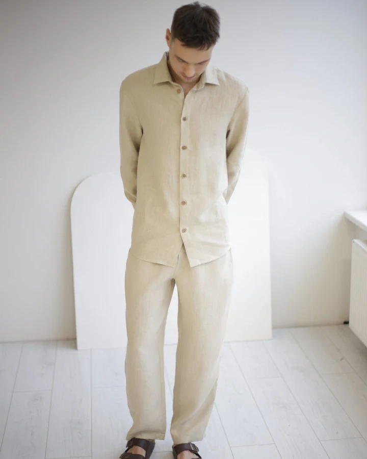 Amber Linen Herren vegan Set Shirt Und Hose Pale Sand