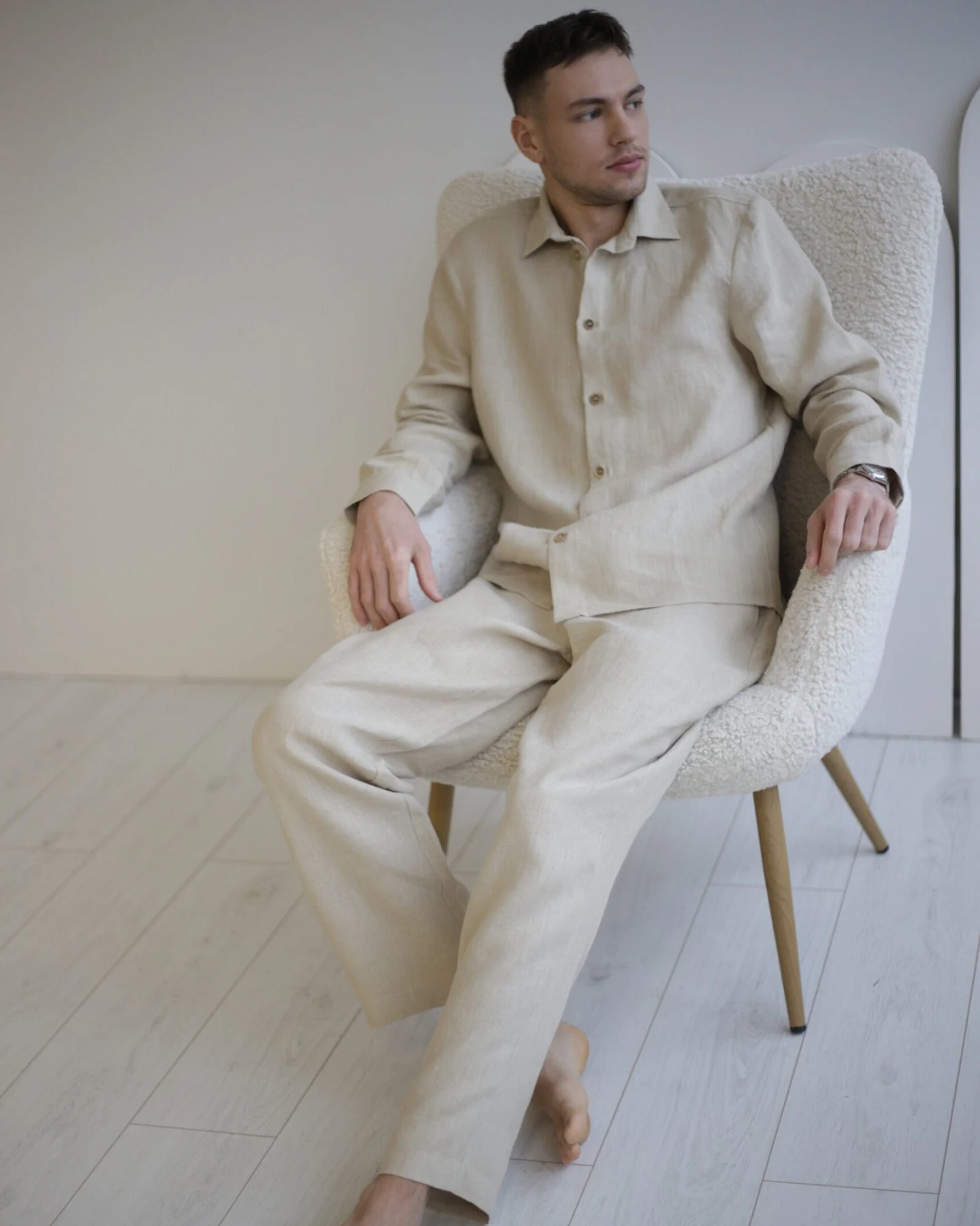 Amber Linen Herren vegan Set Shirt Und Hose Pale Sand – Ansicht 2