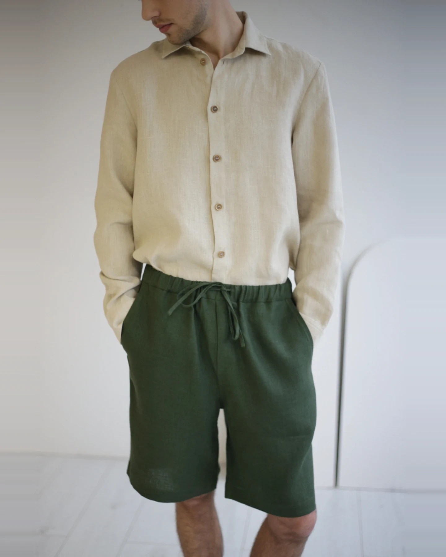 Amber Linen Herren vegan Kurze Hose Miami Waldgrün – Ansicht 2