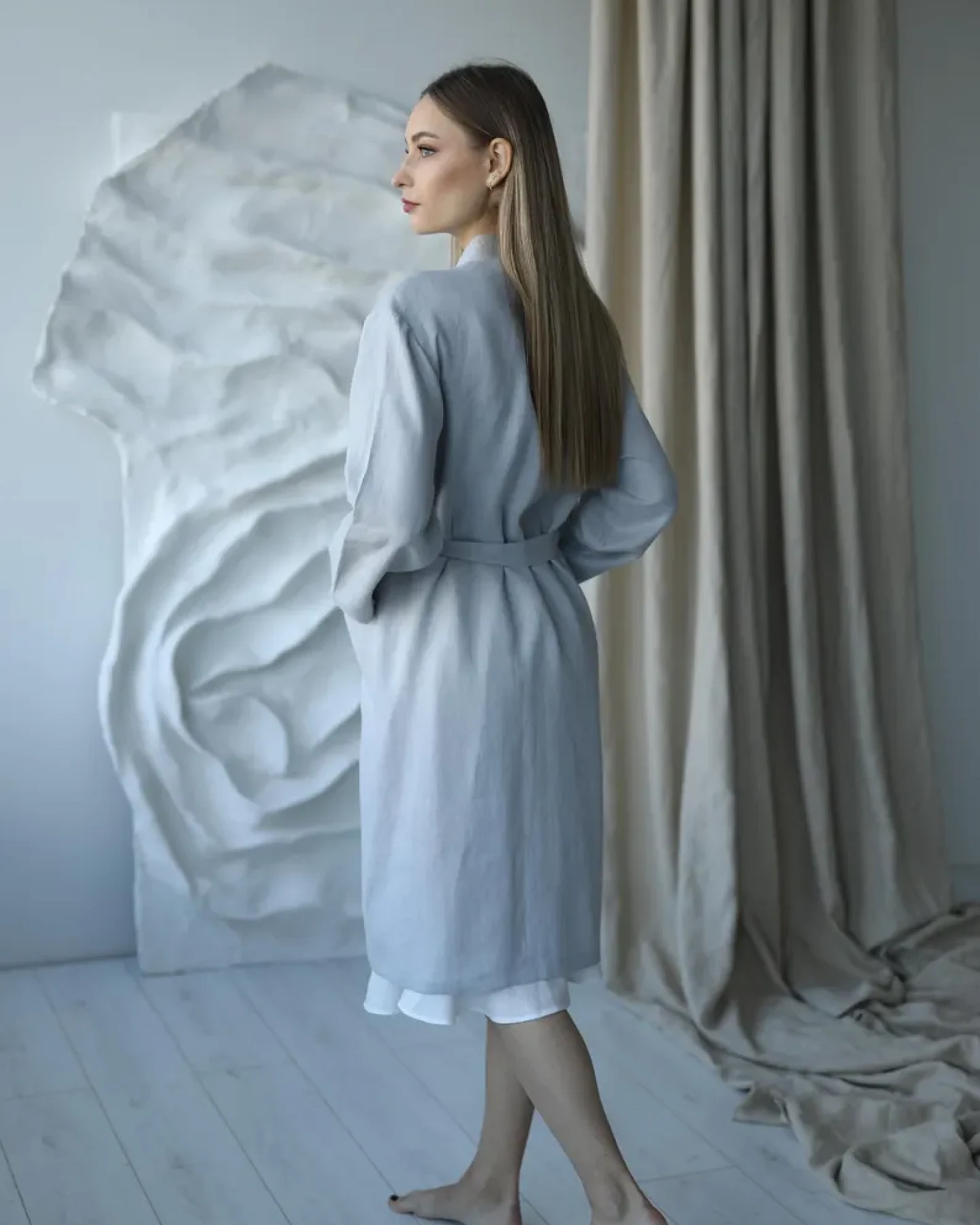 Amber Linen Damen vegan Robe Mona Grau – Ansicht 2
