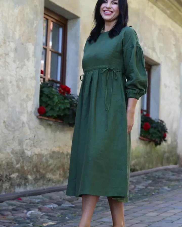 Amber Linen Damen vegan Kleid Verona Waldgrün