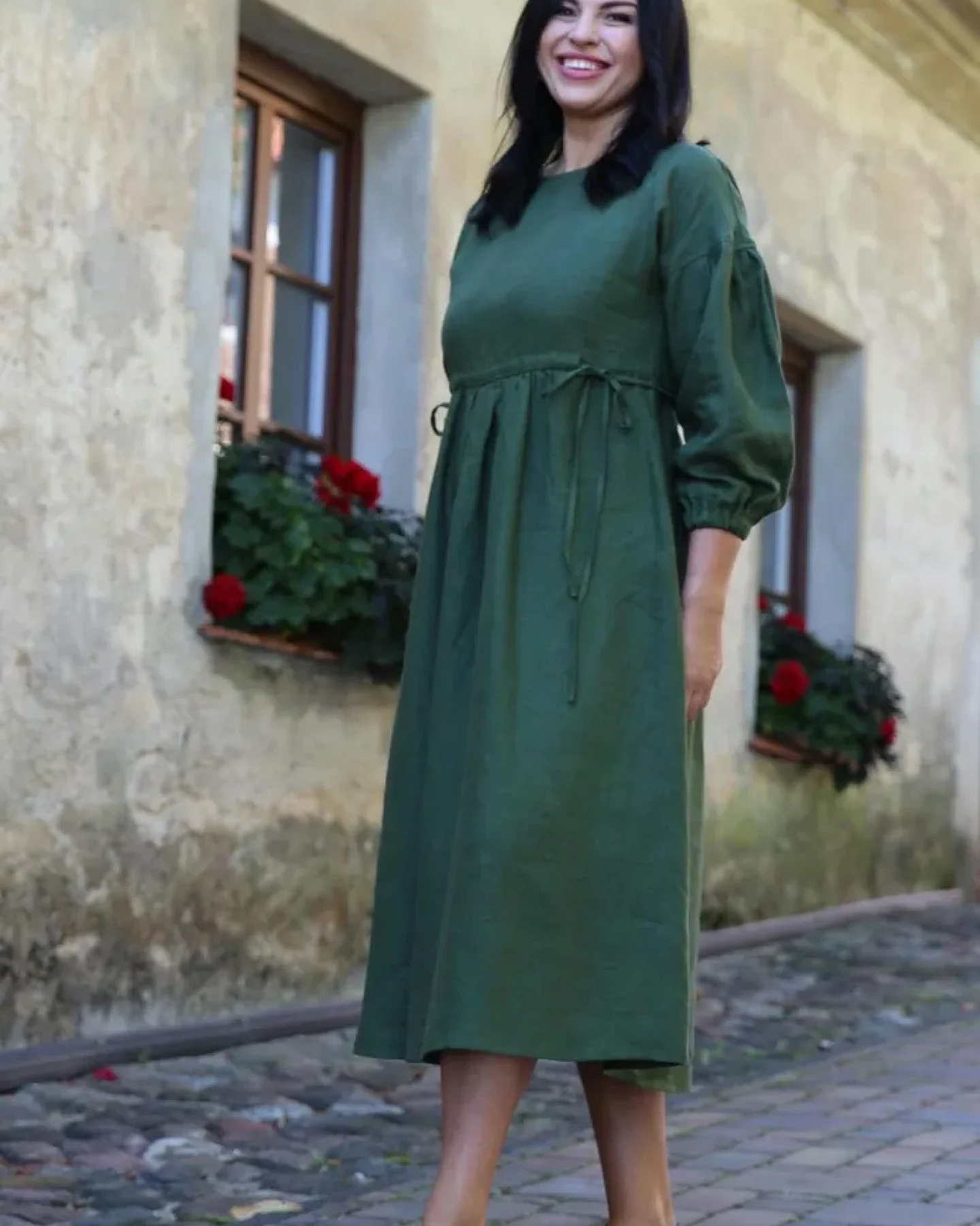 Amber Linen Damen vegan Kleid Verona Waldgrün – Ansicht 2