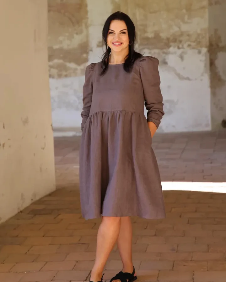 Amber Linen Damen vegan Kleid Sarah Taupe Braun