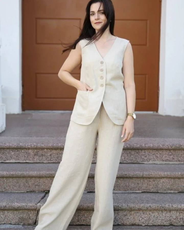 Amber Linen Damen vegan Set Weste Und Hose Cremona Pale Sand