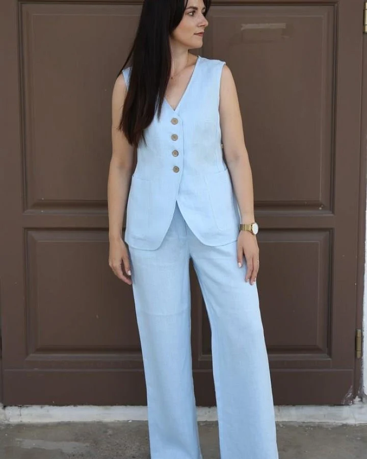 Amber Linen Damen vegan Set Weste Und Hose Cremona Himmelblau