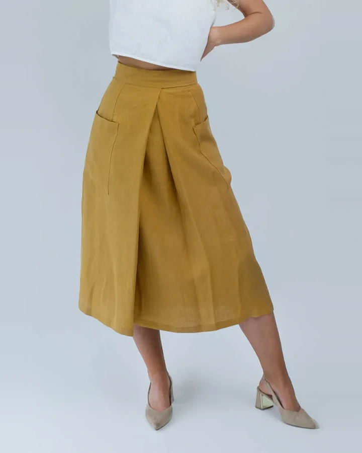 Amber Linen Damen vegan Wickelrock Senfgelb