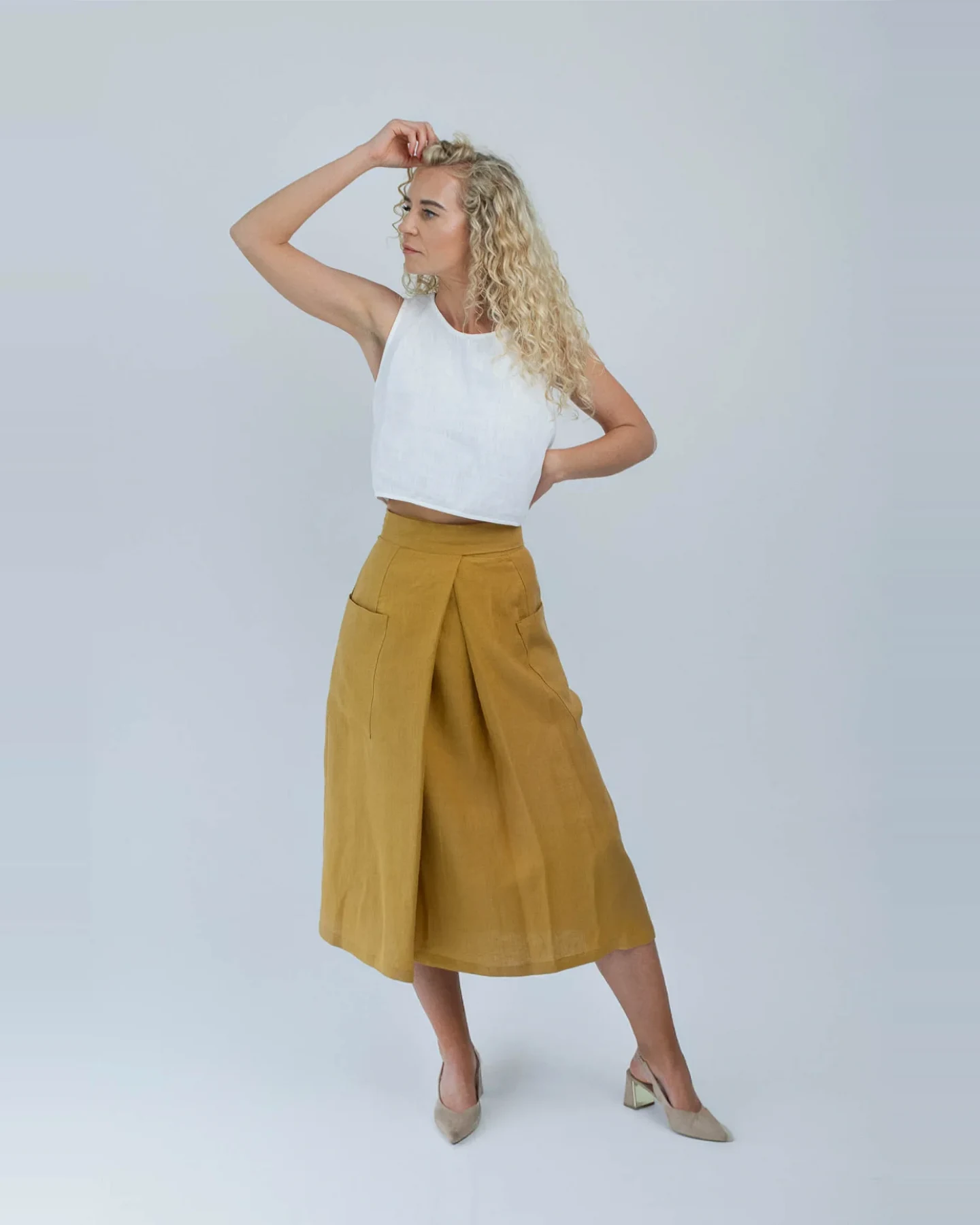 Amber Linen Damen vegan Wickelrock Senfgelb – Ansicht 2