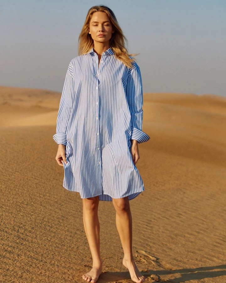 WOTE Damen vegan Hemdkleid Gestreift Himmelblau
