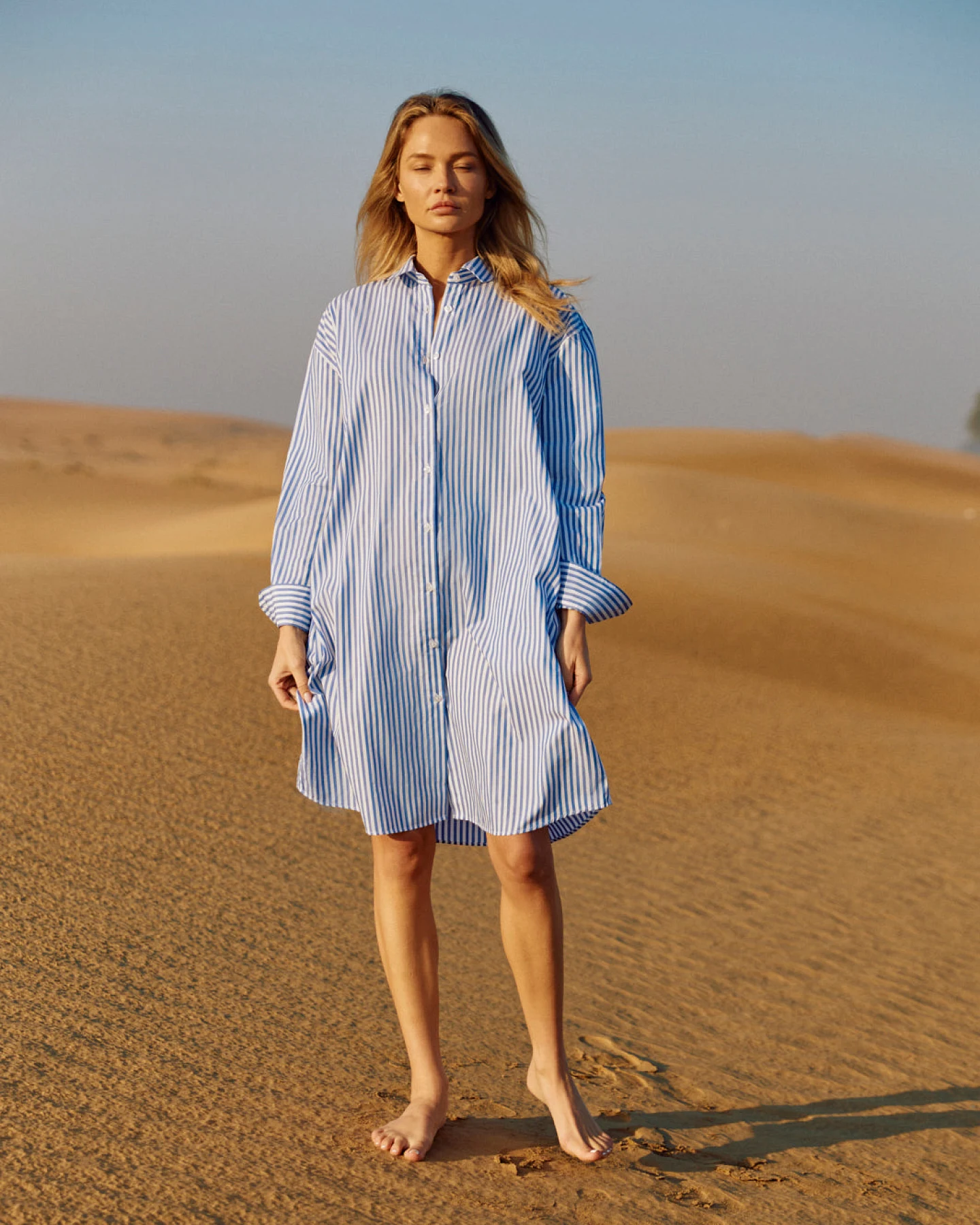 WOTE Damen vegan Hemdkleid Gestreift Himmelblau – Ansicht 2