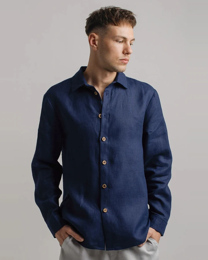Amber Linen Herren vegan Hemd Havanna Marineblau