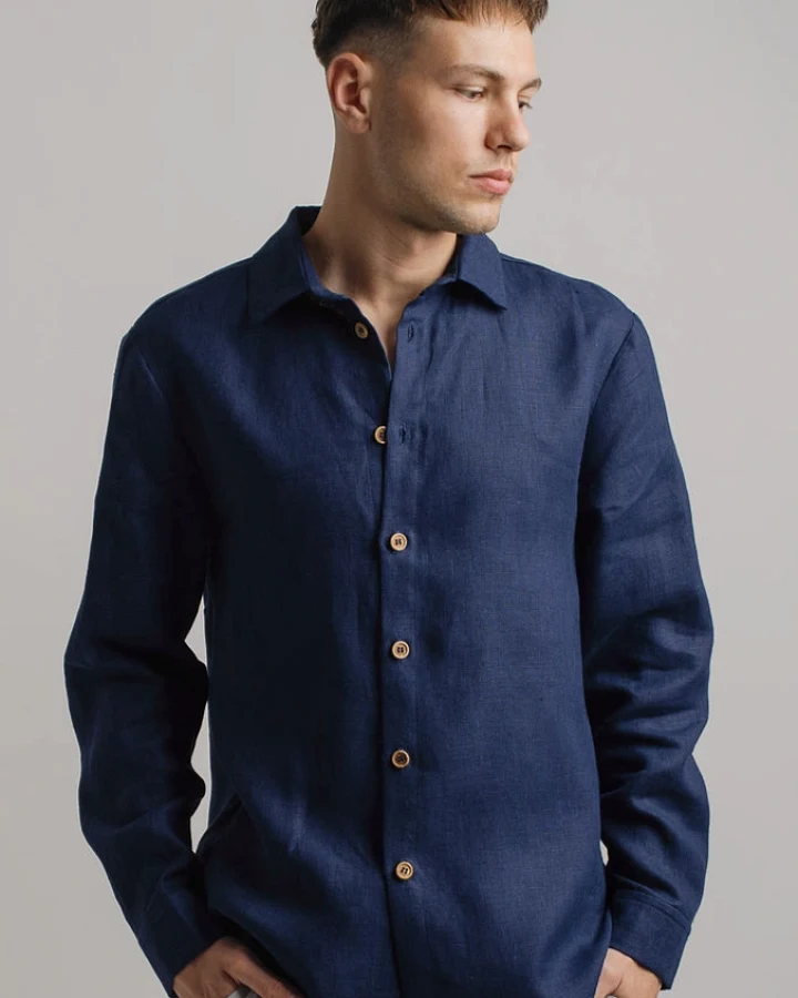 Amber Linen Herren vegan Hemd Havanna Marineblau