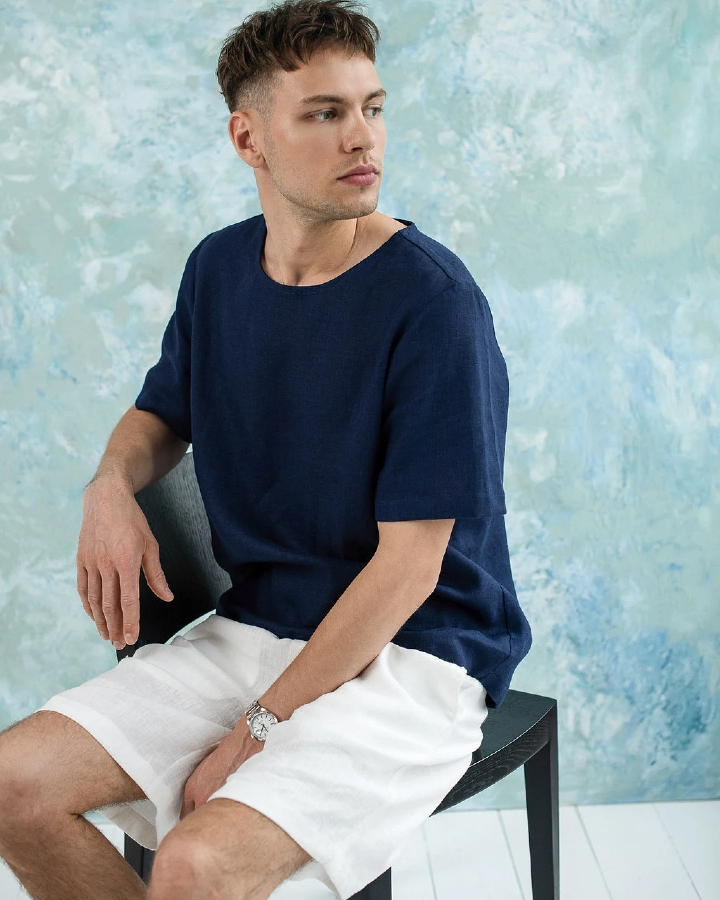 Amber Linen Herren vegan T-Shirt Panama Marineblau – Ansicht 2