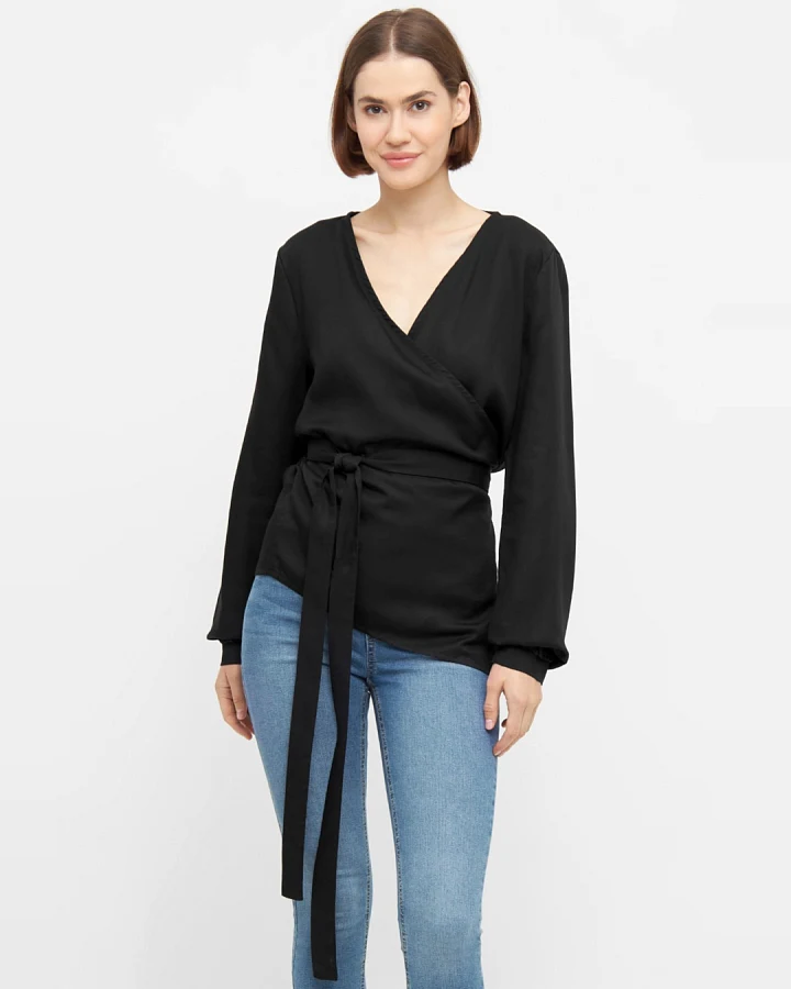 Widda Damen vegan Wickel-Bluse Kono Schwarz