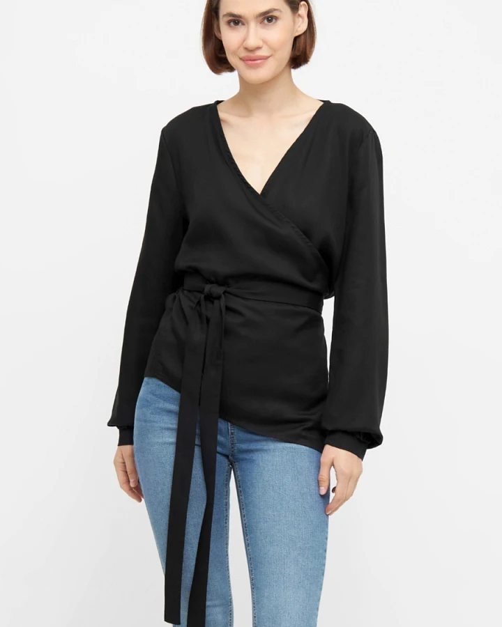 Widda Damen vegan Wickel-Bluse Kono Schwarz