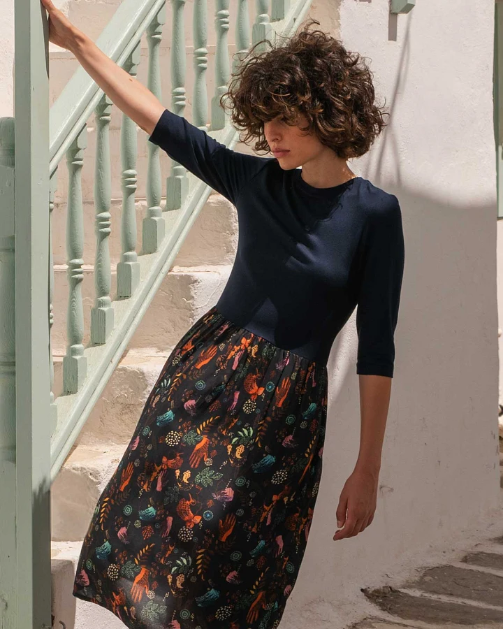 Widda Damen vegan Kleid Mixi Night/Afri Print Multicolor