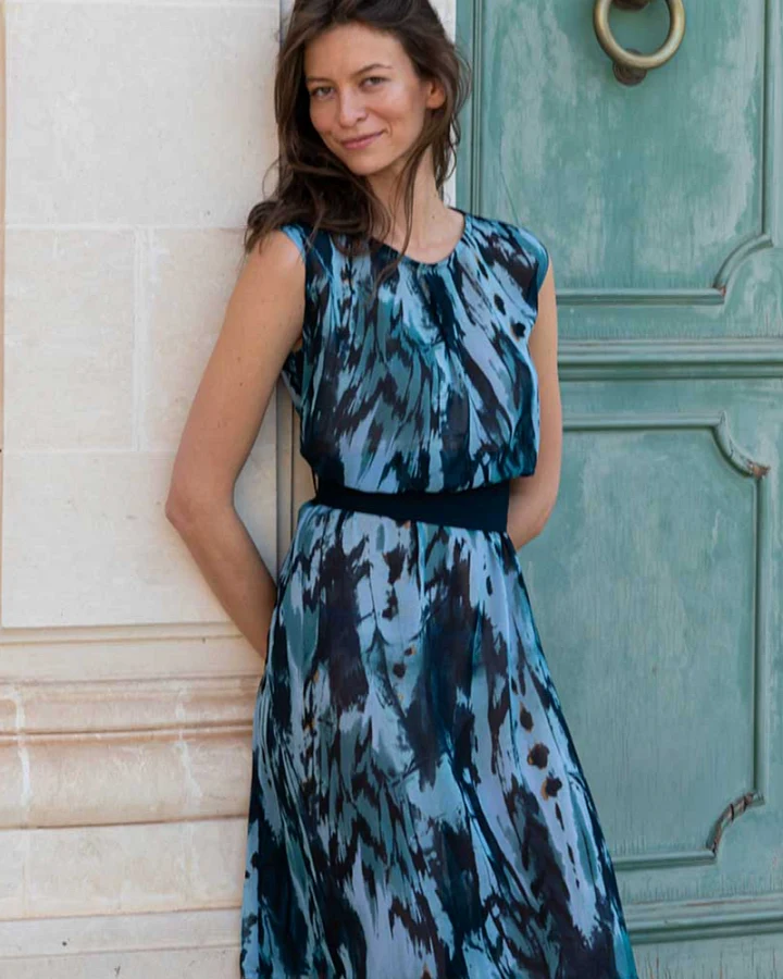 Widda Damen vegan Kleid Adele Aquarell-Muster Blau