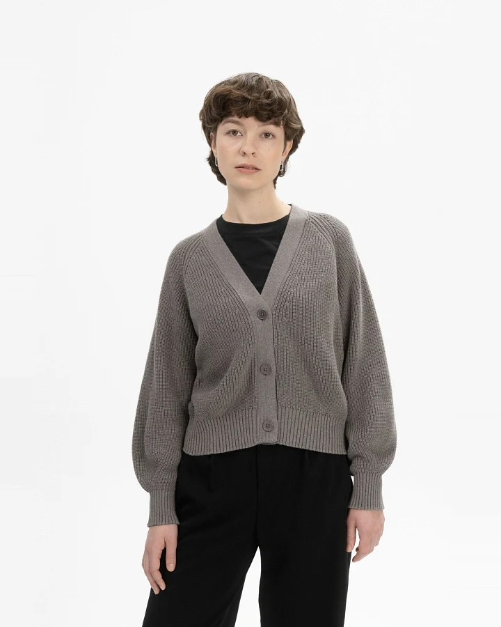 MELA Damen vegan Strickjacke Rippe Bhuma Bär Melange