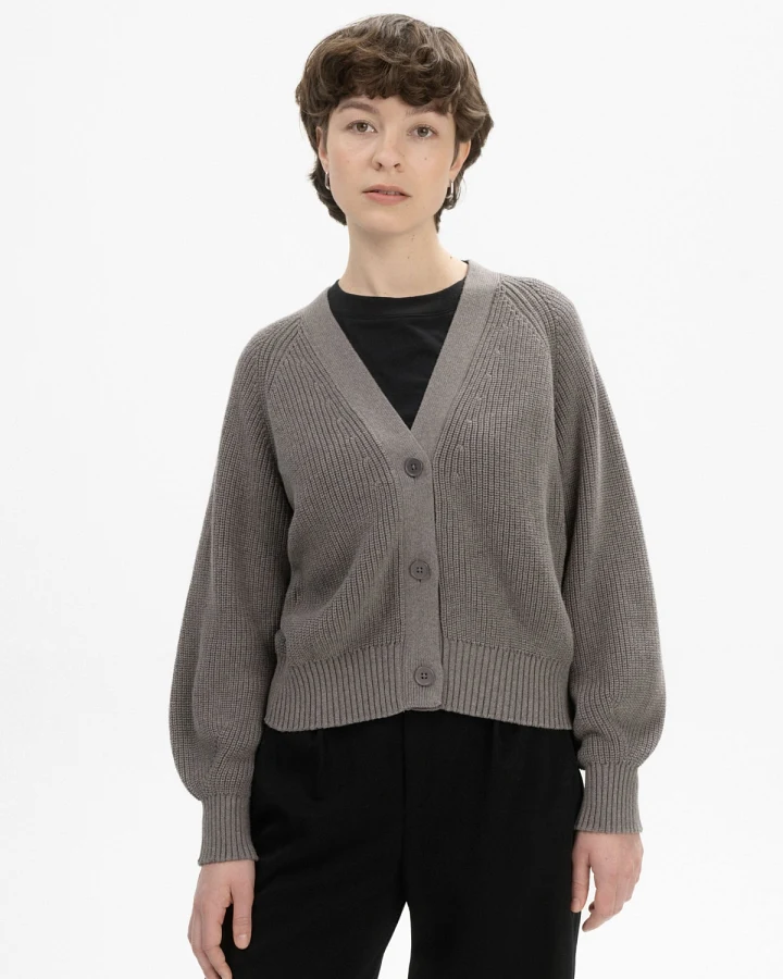 MELA Damen vegan Strickjacke Rippe Bhuma Bär Melange