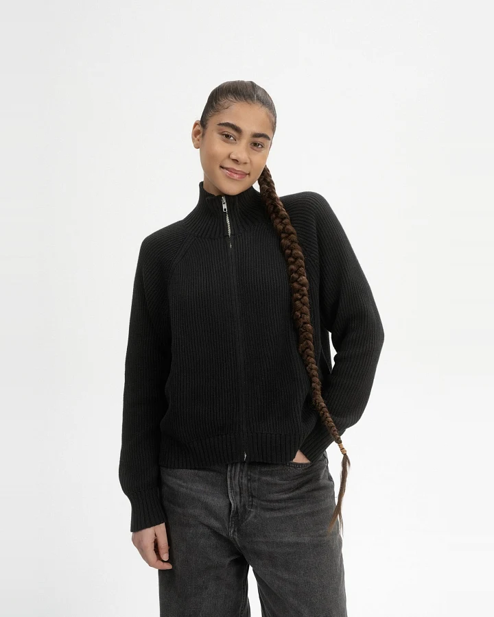MELA Damen vegan Strickjacke Rippe Kamuka Schwarz