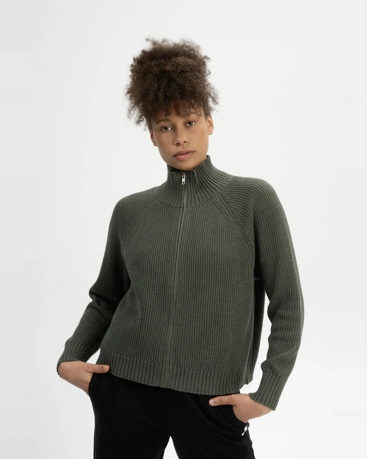 MELA Damen vegan Strickjacke Rippe Kamuka Grün Melange